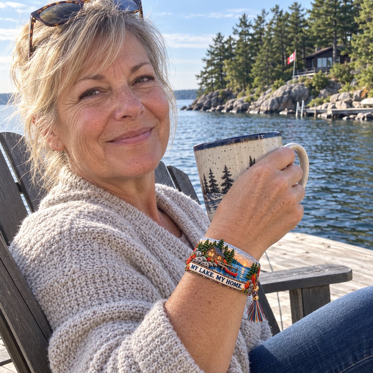 Customer wearing the My Lake My Home bracelet at her lakeside cottage