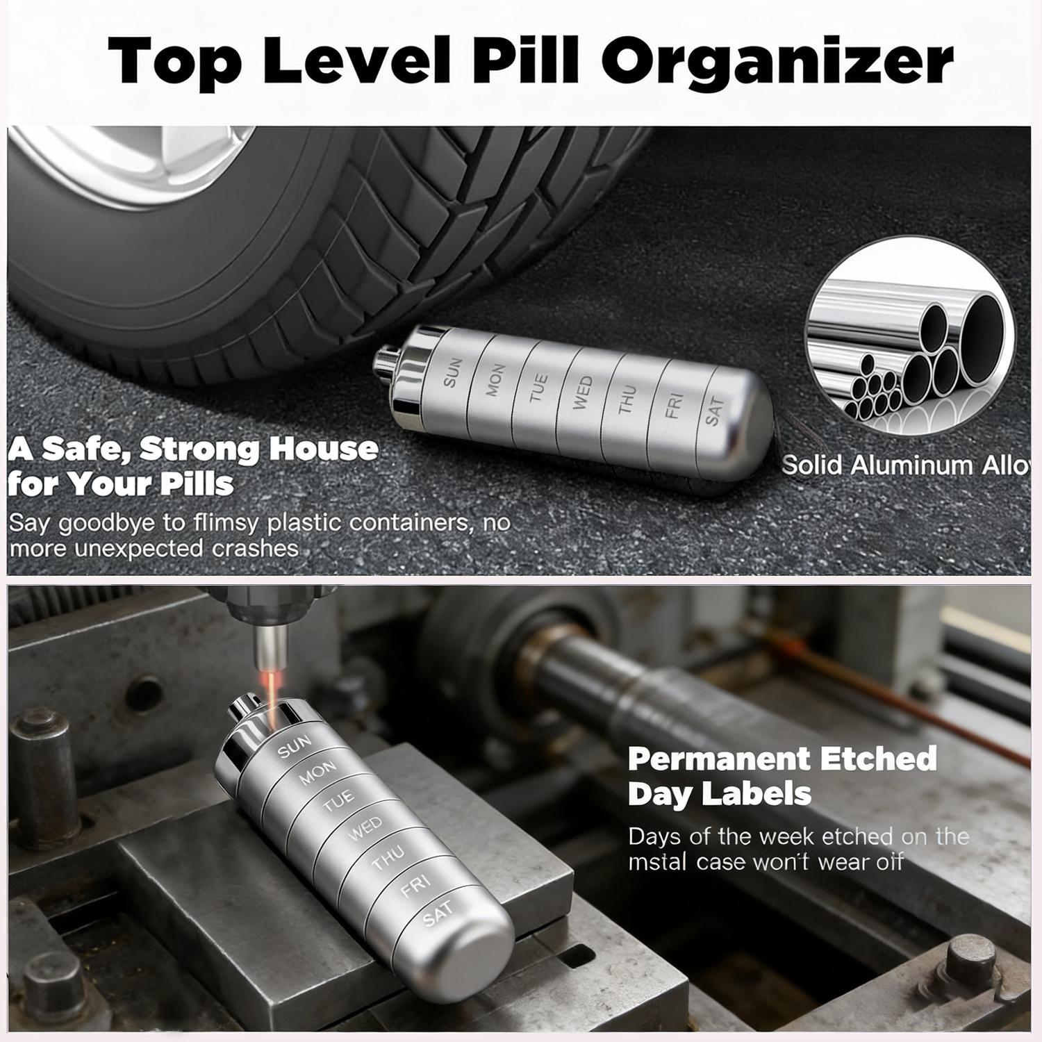 Metal Travel Pill Organizer, Portable Waterproof Weekly Pill Box, Large Aluminum Alloy Container, BPA Free 7 Day Daily Medicine Organizer Holder for Vitamin, Fish Oil, Supplement Storage box