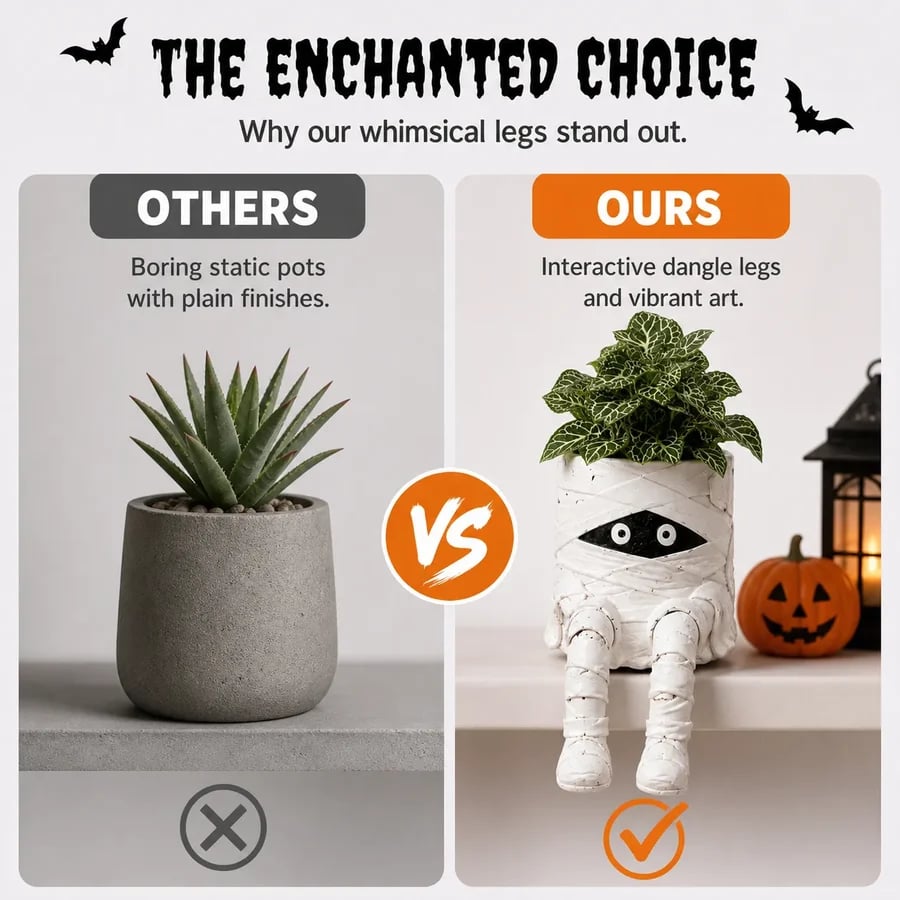 Whimsical Halloween planter beside ordinary pot