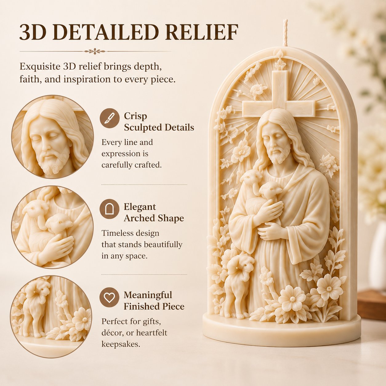 Detailed Jesus and lamb candle relief