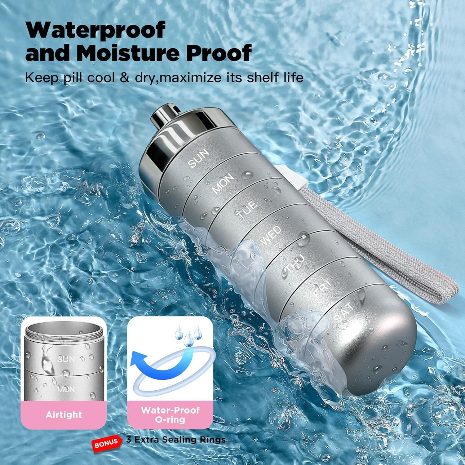 Metal Travel Pill Organizer, Portable Waterproof Weekly Pill Box, Large Aluminum Alloy Container, BPA Free 7 Day Daily Medicine Organizer Holder for Vitamin, Fish Oil, Supplement Storage box