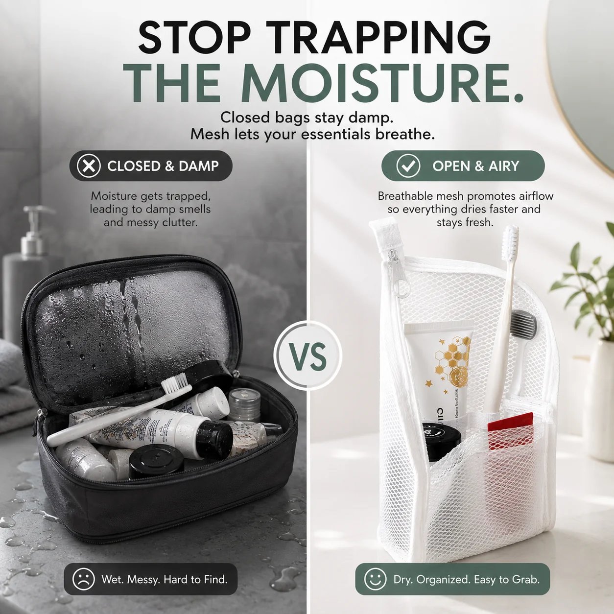 Mesh toiletry organizer designed to reduce trapped moisture