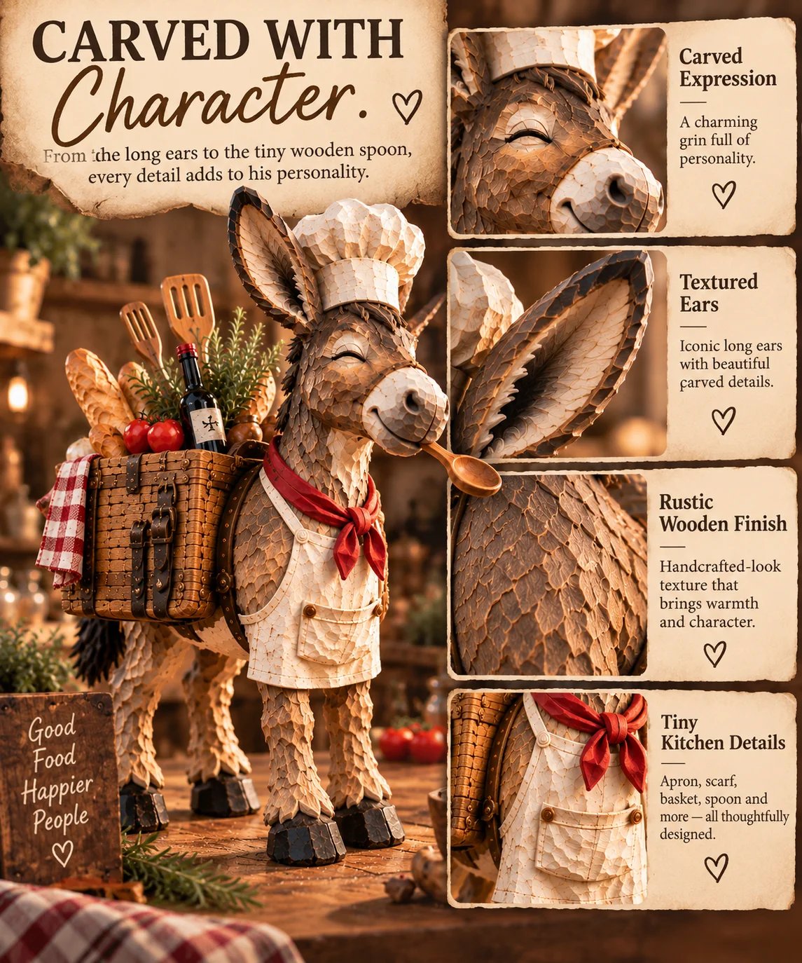 Close-up details of donkey chef figurine