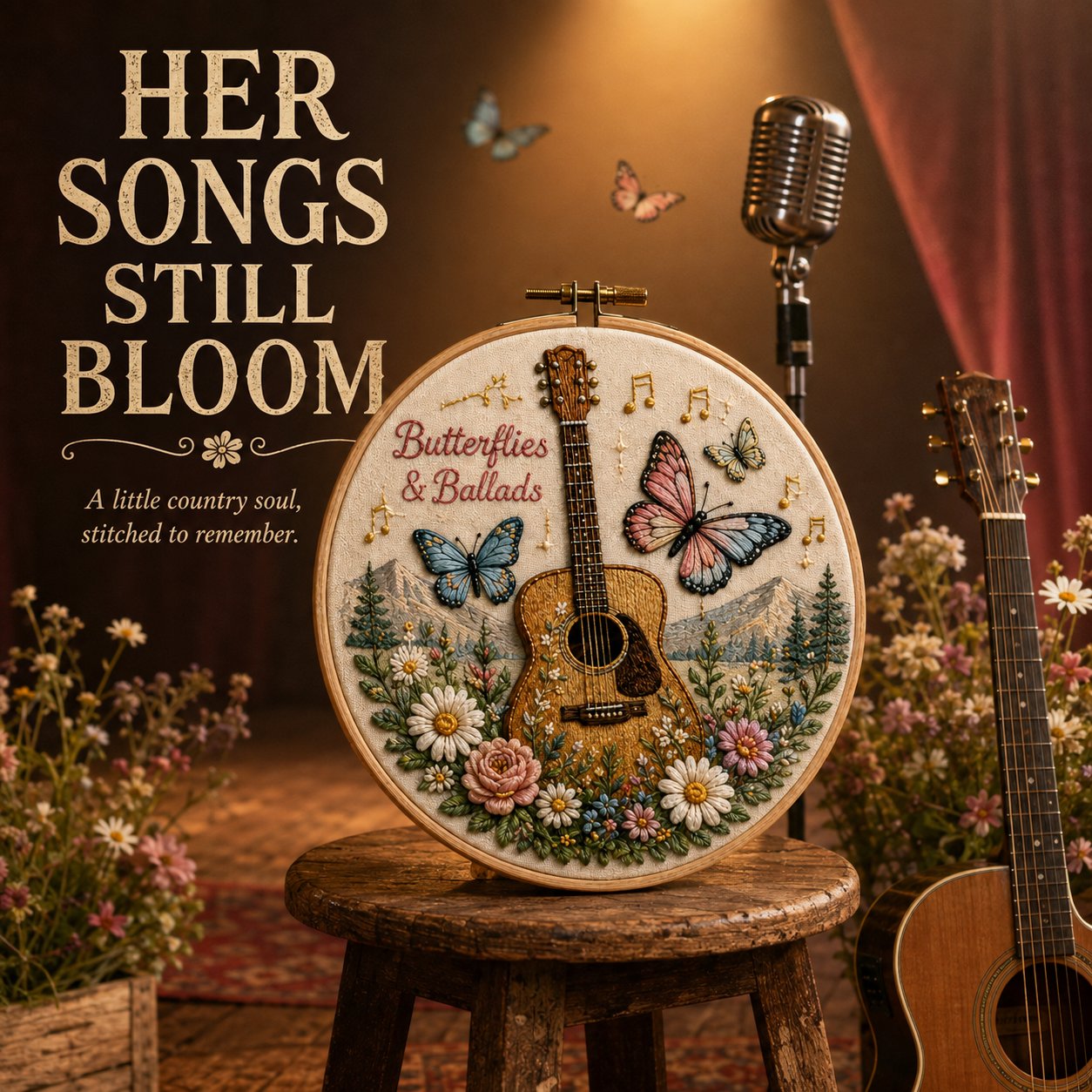 Southern Country embroidery hoop with guitar, butterflies, flowers, and vintage microphone