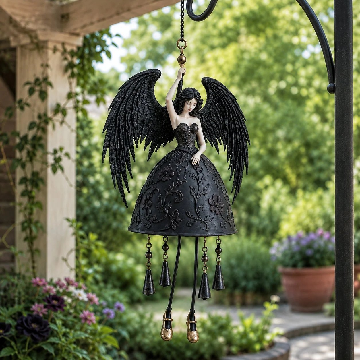 Dark Angel Gothic Wind Chime hanging on a rose-covered porch