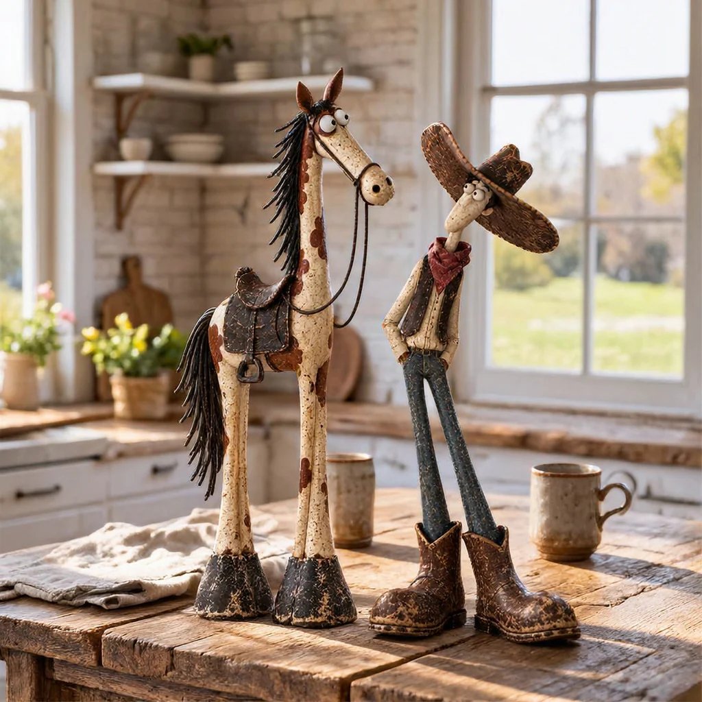 Whimsical Western Cowboy and Horse Figurine Duo