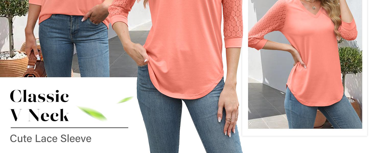 Coral top close-up showing V neck, lace sleeves and curved hem