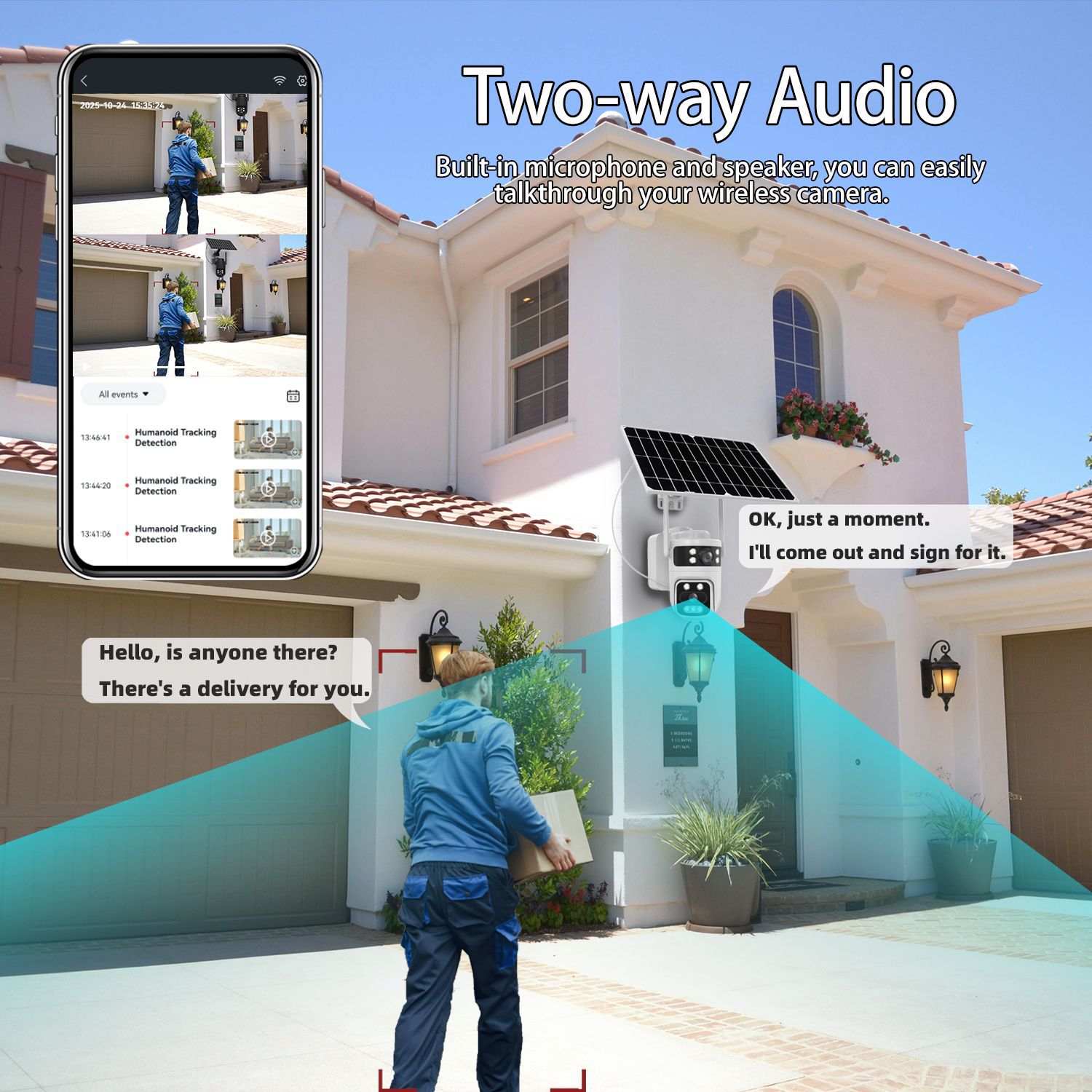 Dual-lens camera showing wide-angle and PTZ views in the app