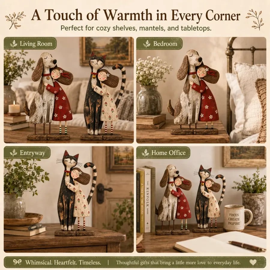 Friendship figurines displayed in four cozy areas of a home