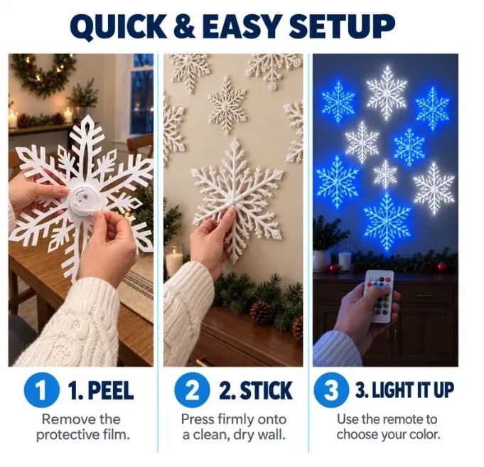 Three-step installation guide for LED snowflake wall lights