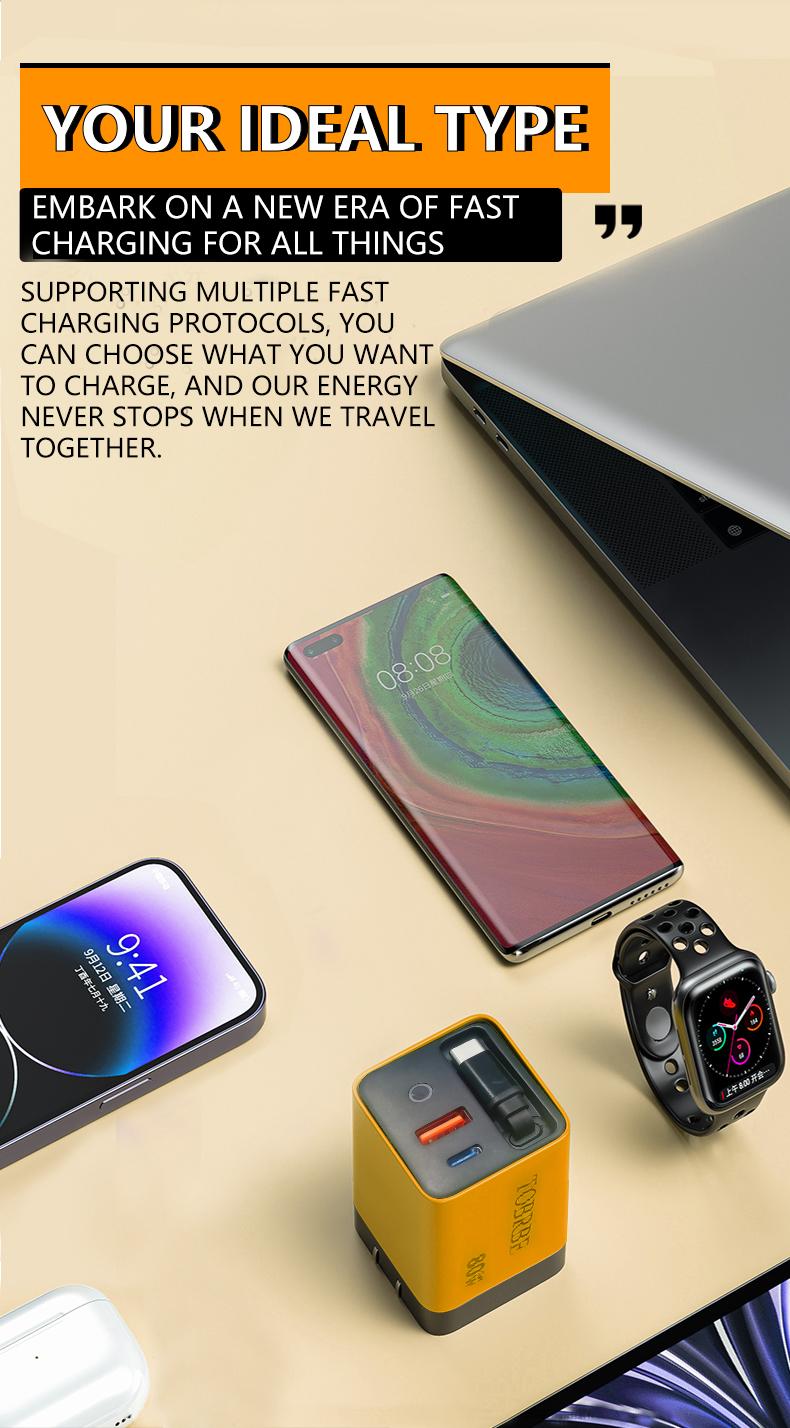 Product Introduction of TOBRBE 3 in 1 GaN Charger, Retractable 80W MAX Fast Charger Block with Type-C Cable & 2 USB Ports, Portable Adapter iPhone Smartphone Electronic, Yellow, Cellphone, Folding Charging 4 Product Introduction of TOBRBE 3 in 1 GaN Charger, Retractable 80W MAX Fast Charger Block with Type-C Cable & 2 USB Ports, Portable Adapter iPhone Smartphone Electronic, Yellow, Cellphone, Folding Charging 4