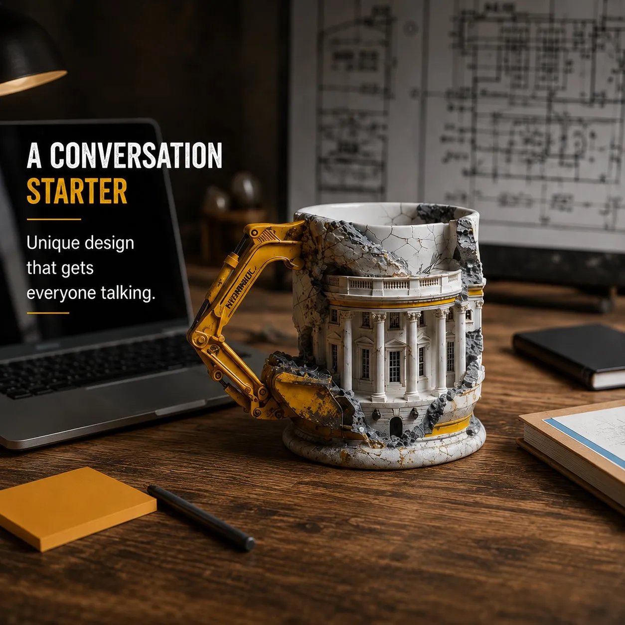 demolition style mug on desk