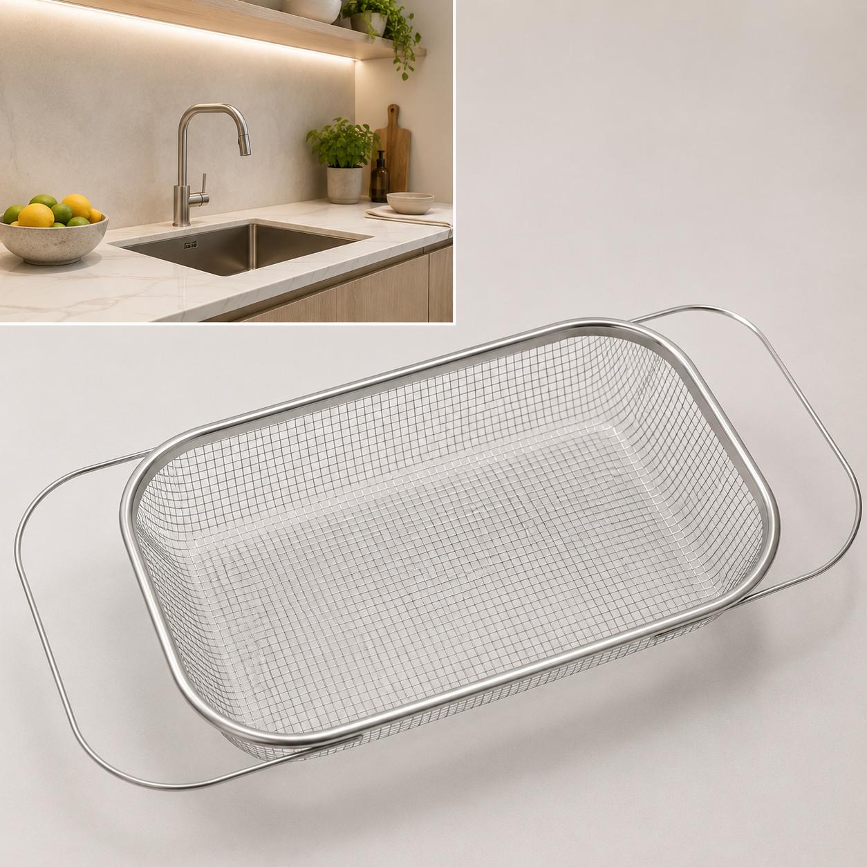 Stainless Steel Over-The-Sink Colander Strainer Basket, Expandable Rectangle Fine Mesh Kitchen Utensils with Handles, Silver Kitchen Essential