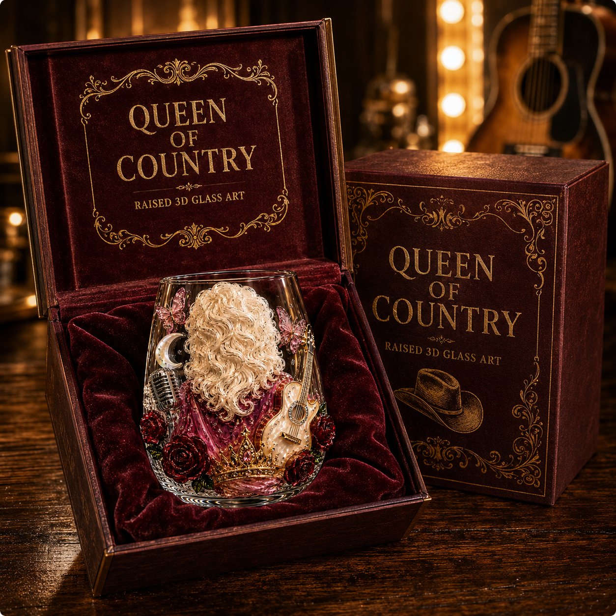 Country Queen raised 3D glass shown in a gift presentation box