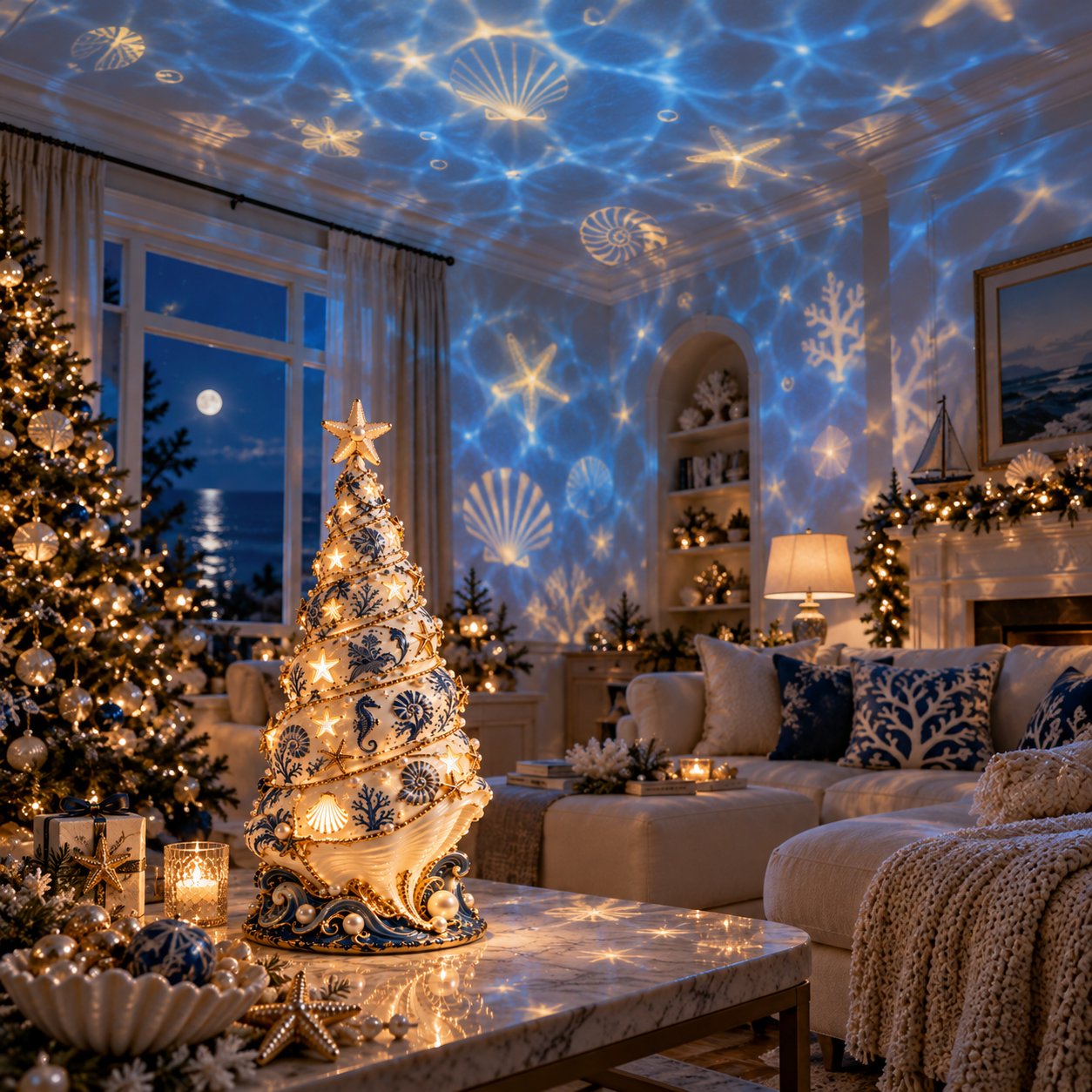 Kerstboom met schelpen en oceaanprojectie