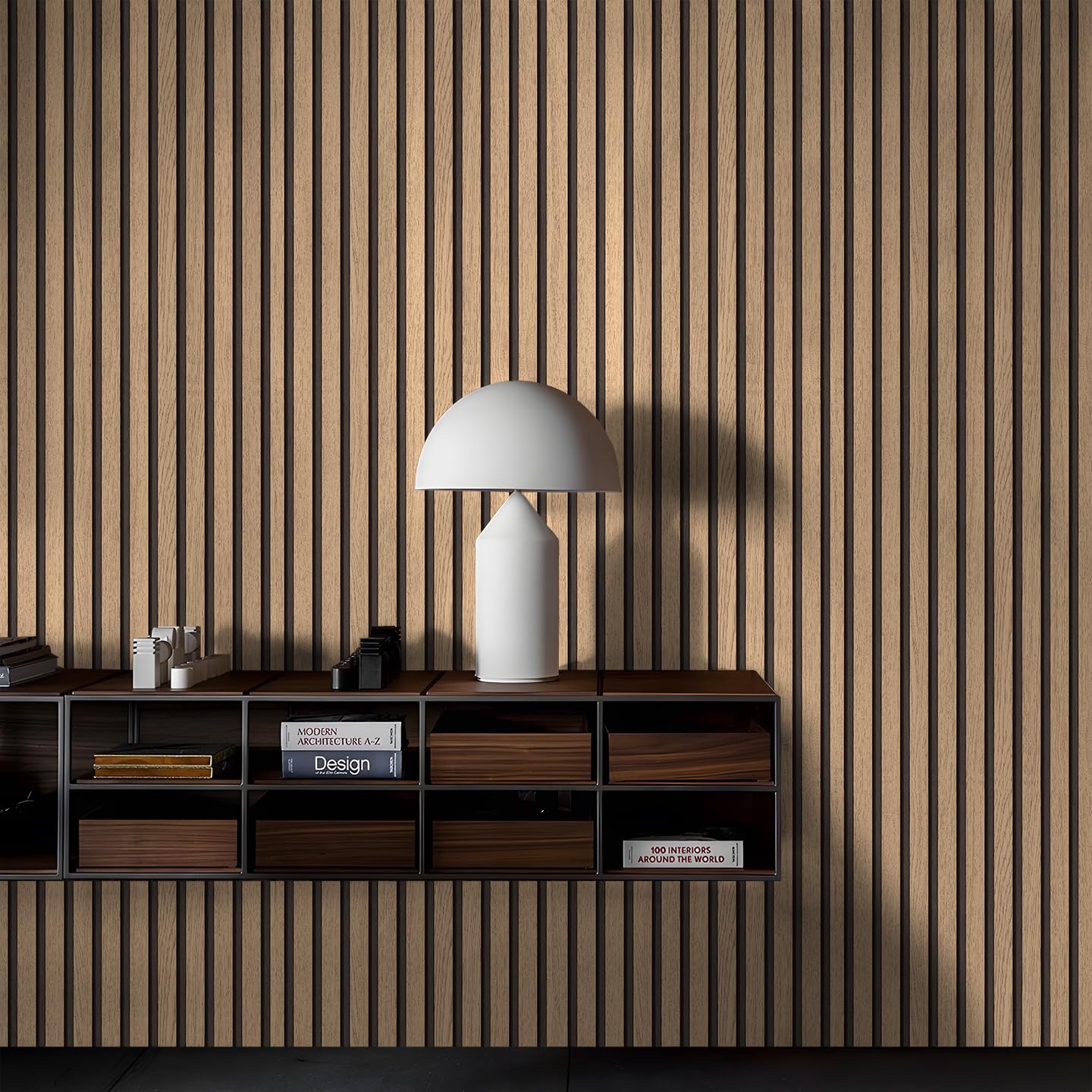 Wood slat wall panel with shelf and lamp