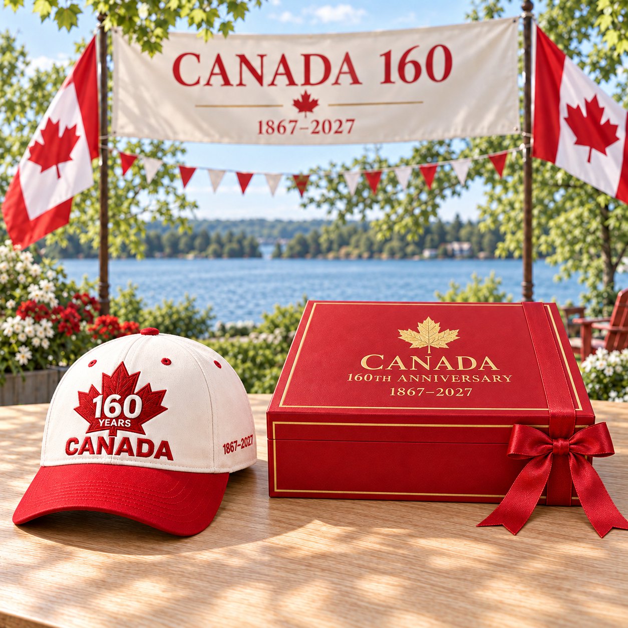 Ivory and red anniversary cap with the closed red and gold gift box
