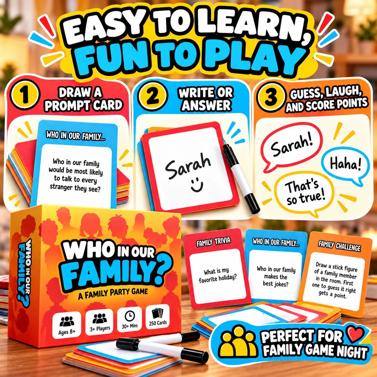 How to play Who In Our Family party game draw a prompt card write or answer guess laugh and score points