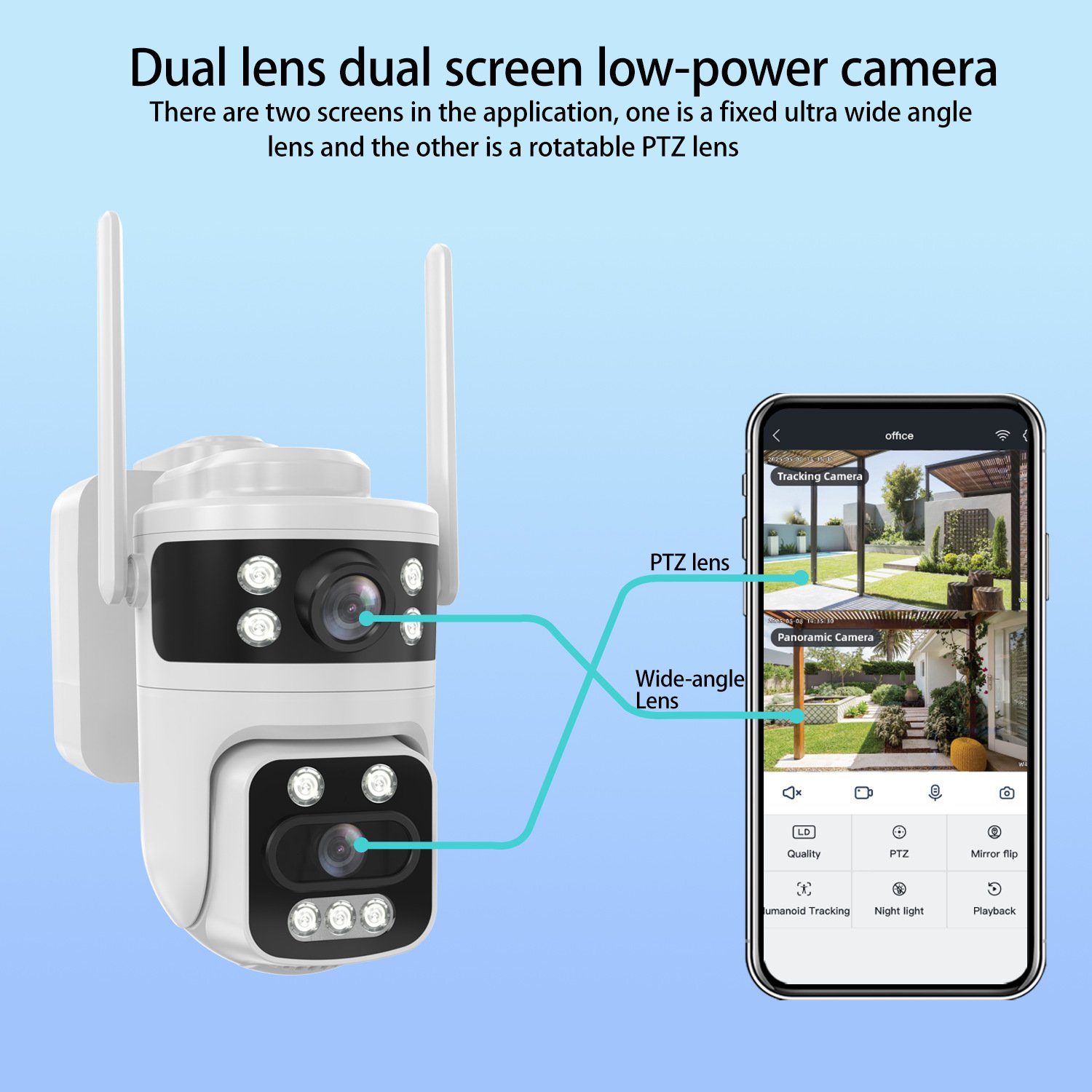 Solar security camera monitoring continuously day and night