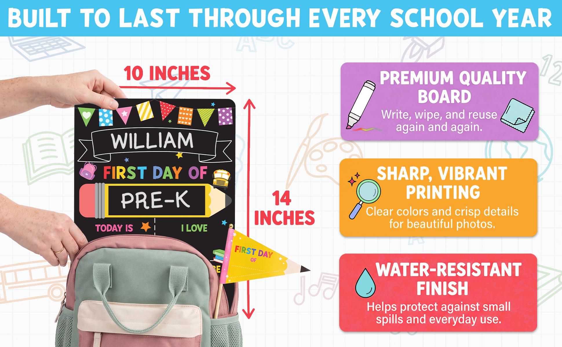 BEAWART First Day of School Black Sign Board, 10x14 Double-Sided First & Last Day Chalkboard Sign, Reusable Back to School Photo Prop For Preschool Kindergarten Kids, Includes Pencil Flag & White Chalk Marker BEAWART First Day of School Black Sign Board, 10x14 Double-Sided First & Last Day Chalkboard Sign, Reusable Back to School Photo Prop For Preschool Kindergarten Kids, Includes Pencil Flag & White Chalk Marker