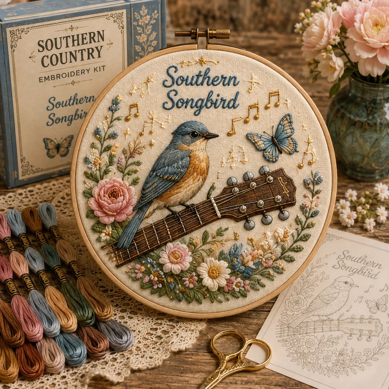 Southern Songbird guitar and bird embroidery kit design