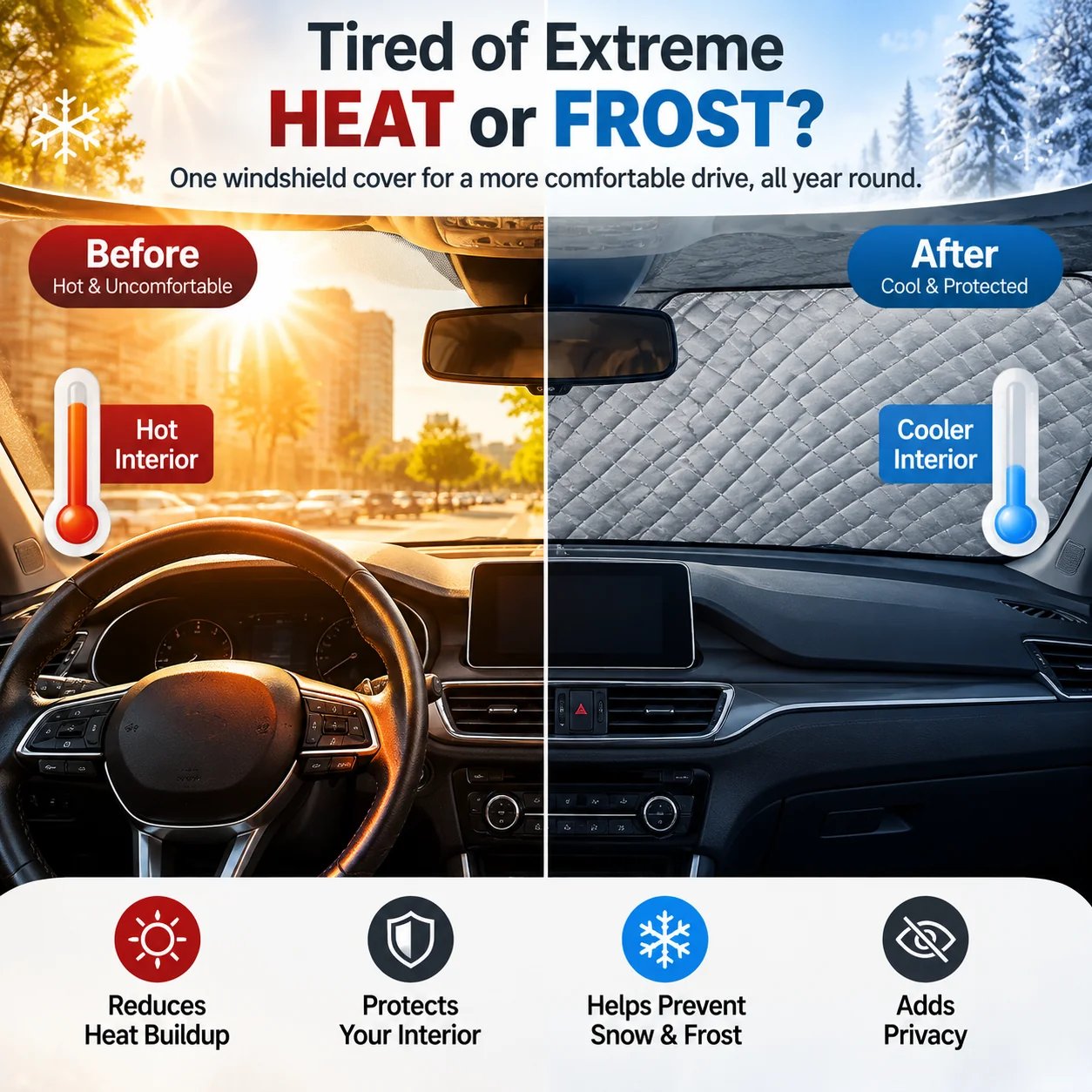 Windshield protection in hot sun and snowy winter weather