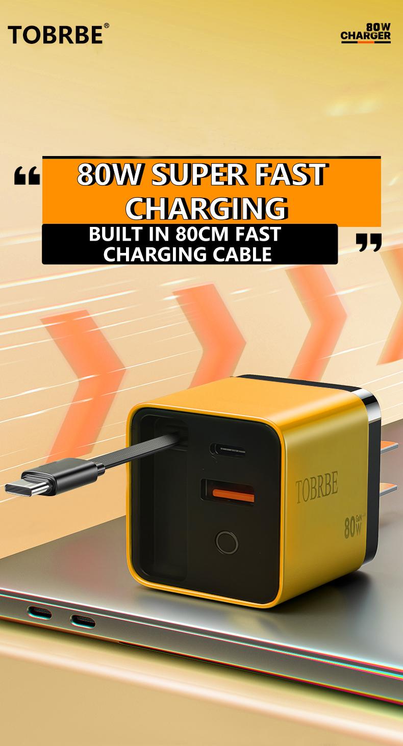 Product Introduction of TOBRBE 3 in 1 GaN Charger, Retractable 80W MAX Fast Charger Block with Type-C Cable & 2 USB Ports, Portable Adapter iPhone Smartphone Electronic, Yellow, Cellphone, Folding Charging 0 Product Introduction of TOBRBE 3 in 1 GaN Charger, Retractable 80W MAX Fast Charger Block with Type-C Cable & 2 USB Ports, Portable Adapter iPhone Smartphone Electronic, Yellow, Cellphone, Folding Charging 0