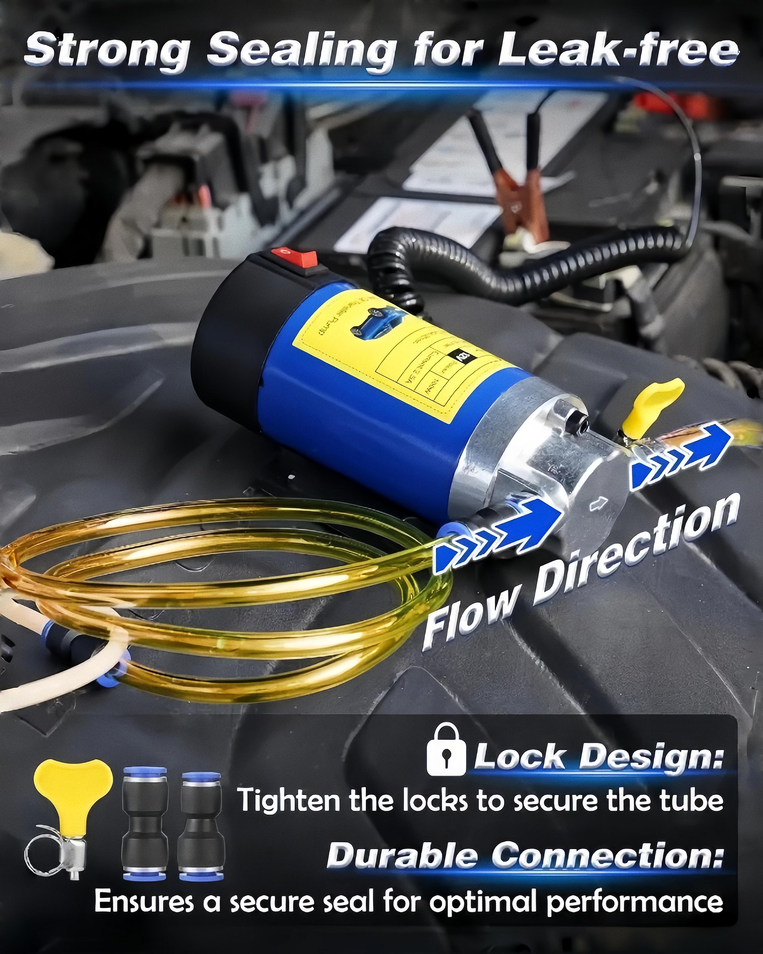Close view of the locked hose connectors and marked flow direction