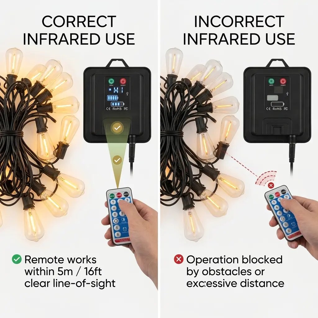 Correct infrared remote control use for solar outdoor string lights
