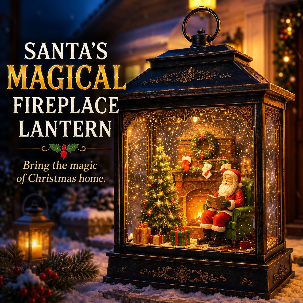 Magical Santa fireplace lantern features
