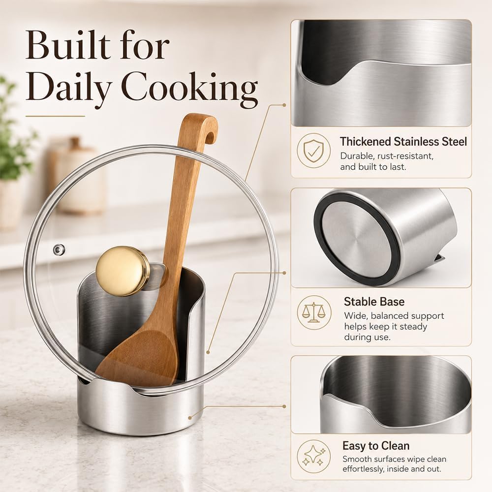 Thickened stainless steel pot lid and utensil holder with stable base