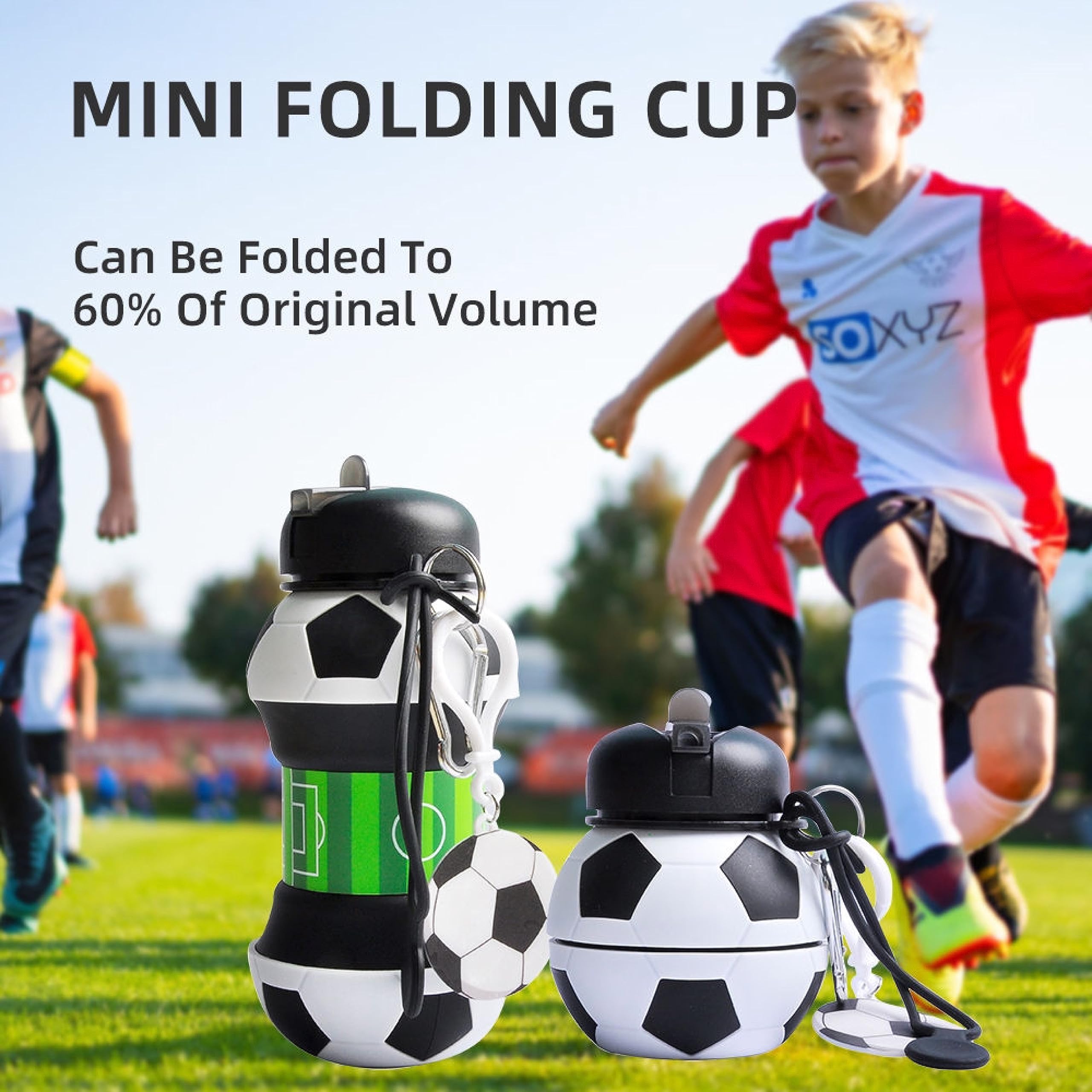 Foldable sports ball water bottle on a soccer field