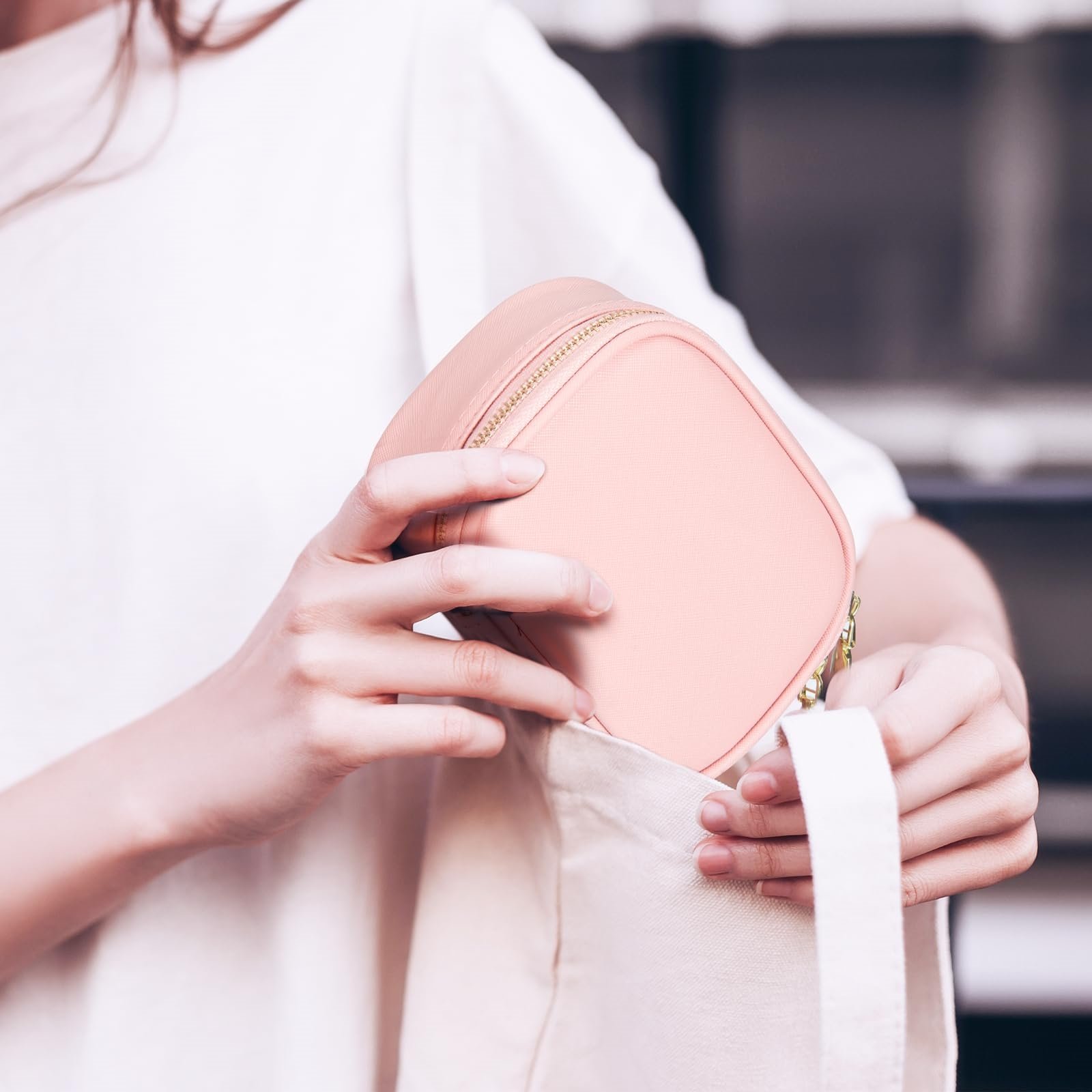 Bag being placed in tote