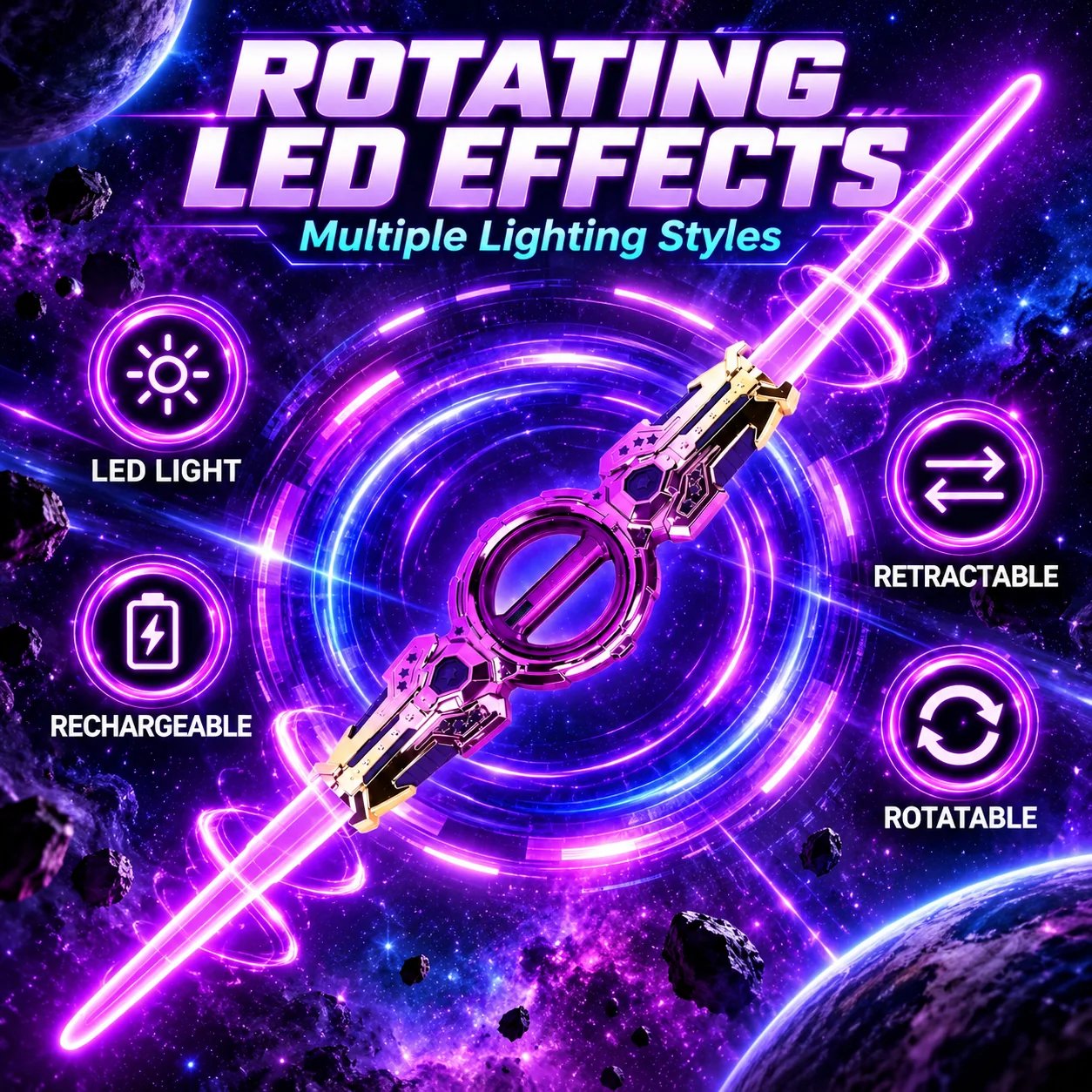 Double-ended rotating LED light-up sword