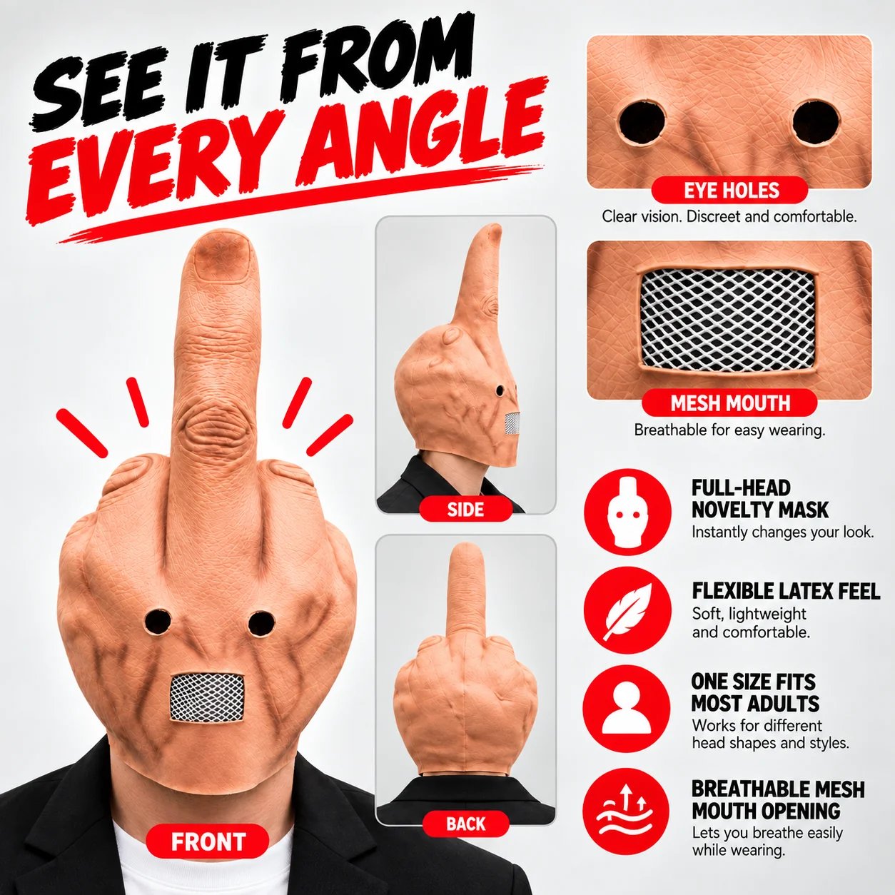 FINGERIK full head mask front side and back views