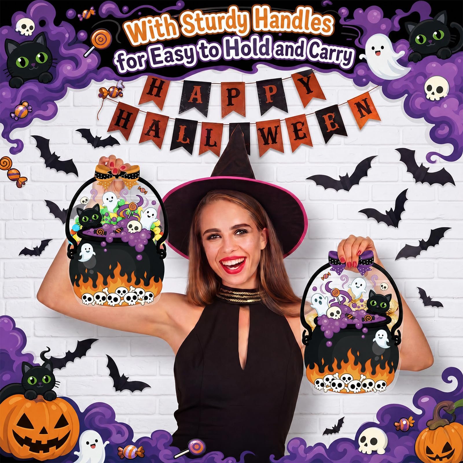 Assorted Halloween treat bag designs with pumpkins ghosts cats spiders and festive text