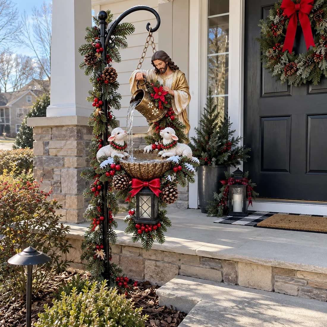 Customer adjusting illuminated Jesus hanging fountain on porch