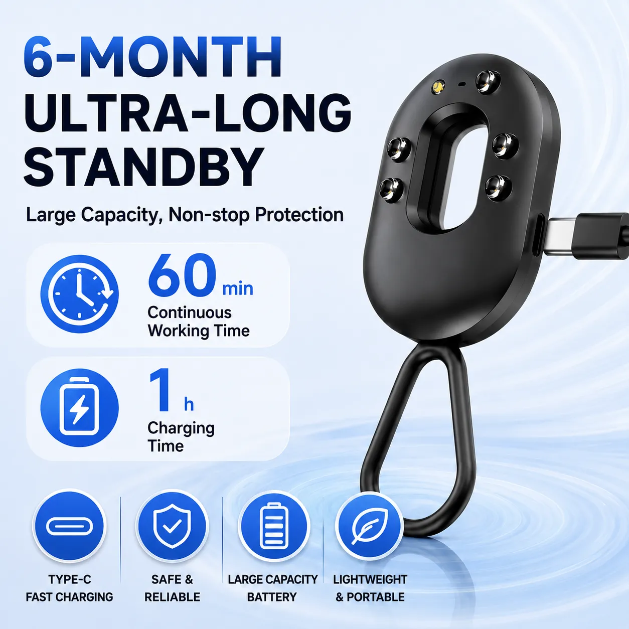 Type-C rechargeable hidden camera detector with one-hour charging, sixty-minute continuous use, and six-month standby