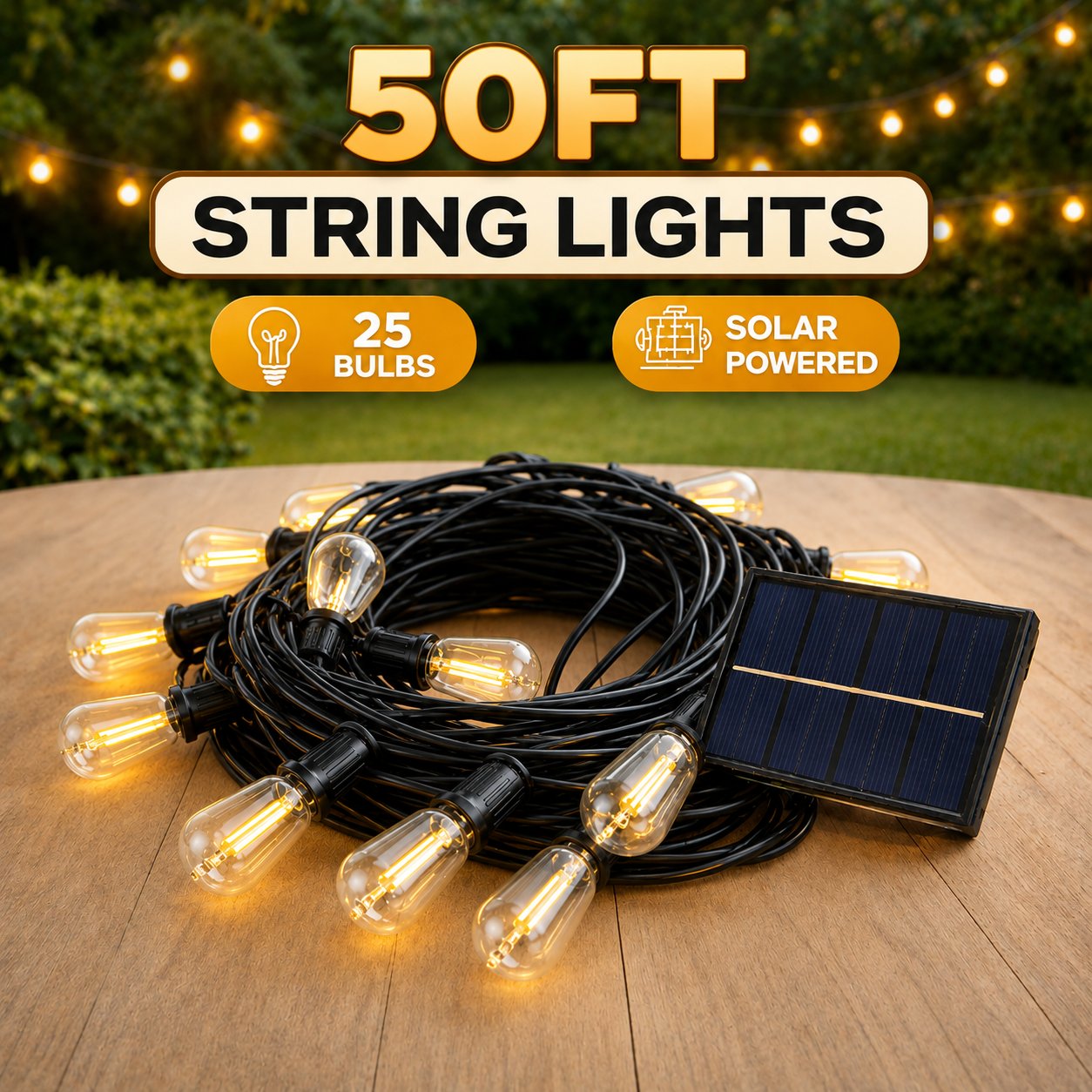 50FT solar outdoor string lights with 25 bulbs