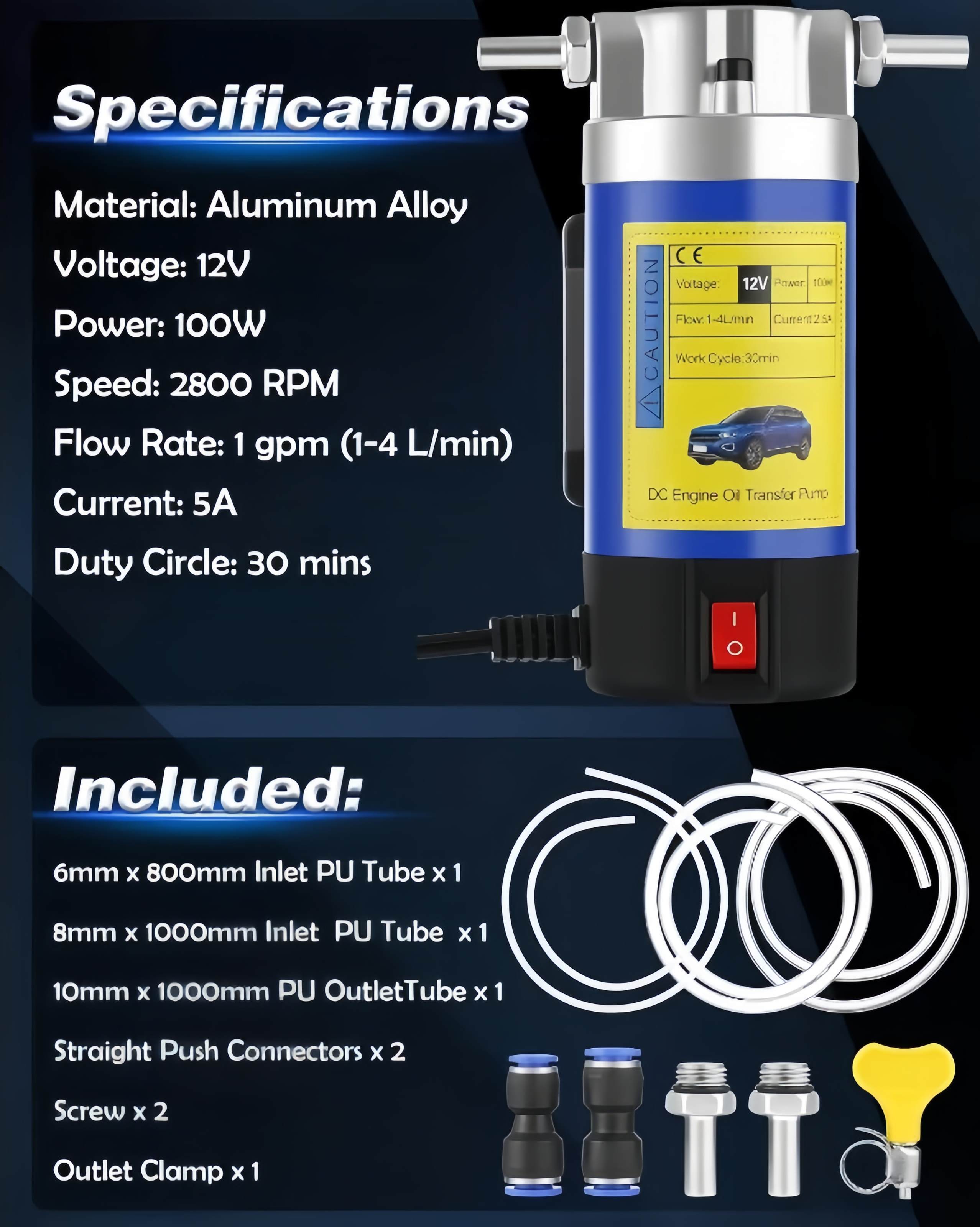 Specifications and included hoses, connectors and clamp for the oil pump