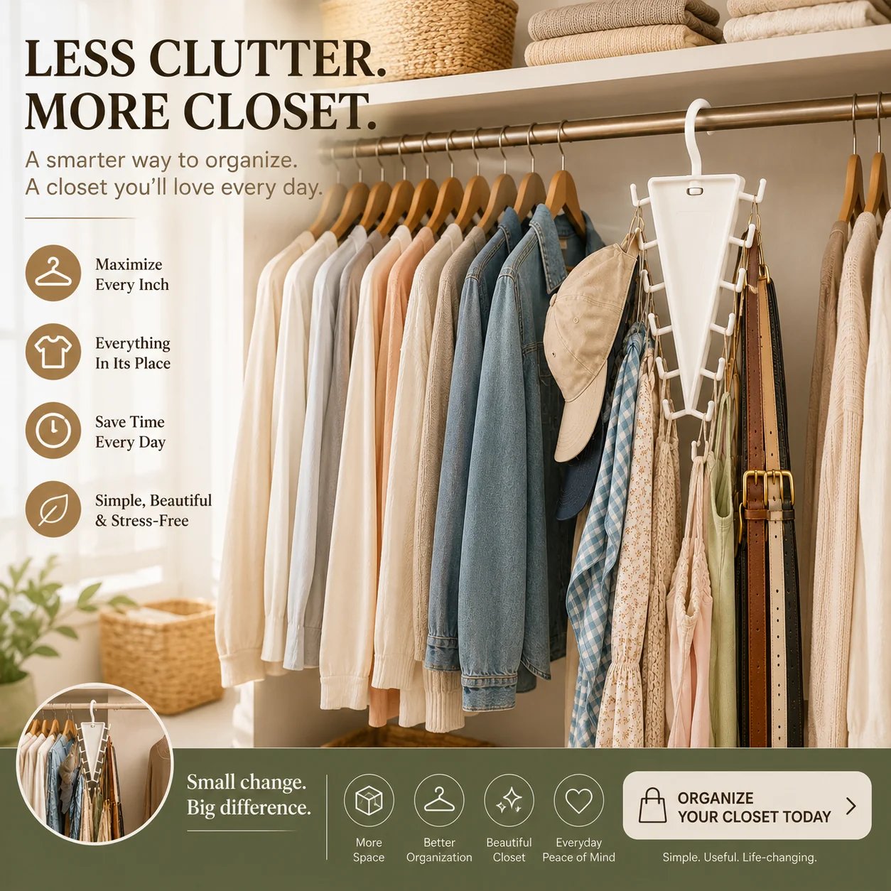 Organized modern closet using a compact vertical accessory hanger