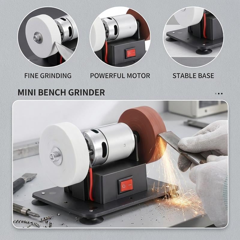 Mini bench grinder side view showing a 14.7 cm length and 13 cm height