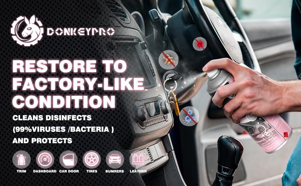 DONKEYPRO Automotive Care Agent Protector Wax - Anhydrous Spray for Vinyl, Rubber, Plastic, Leather Surfaces, Prevents Aging, Fading, Cracking, Suitable for Sun-Exposed Vehicles, Cleans & Protects Interiors & Exteriors