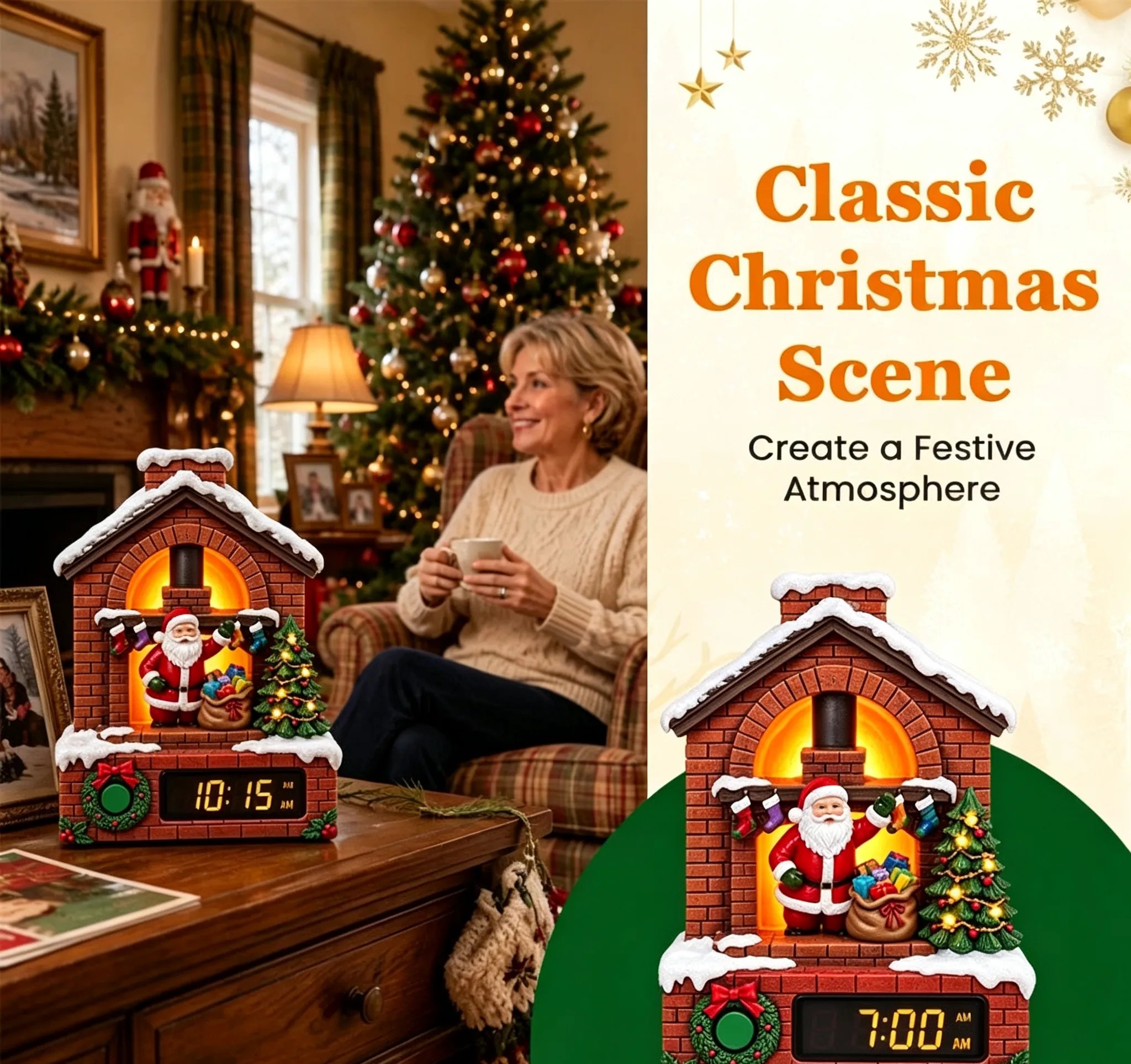 Lighted Santa fireplace Christmas clock