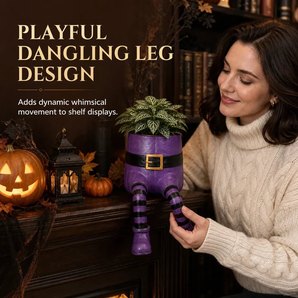 Purple witch hanging leg planter displayed on Halloween shelf