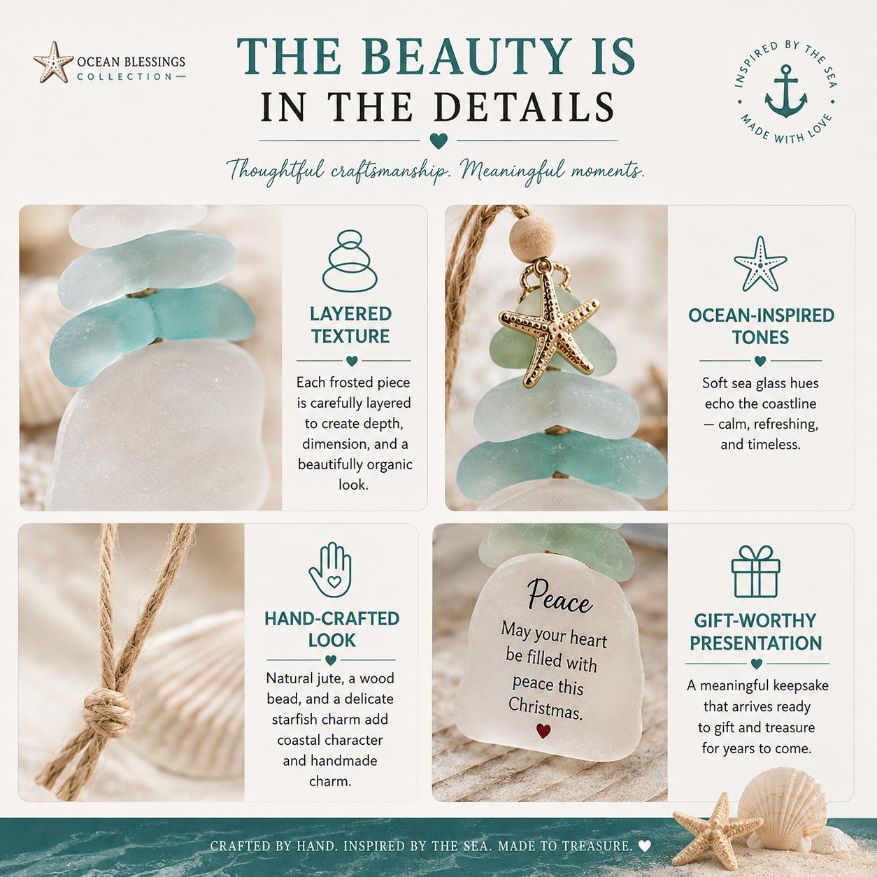 Close-up details of sea-glass-inspired Christmas ornament