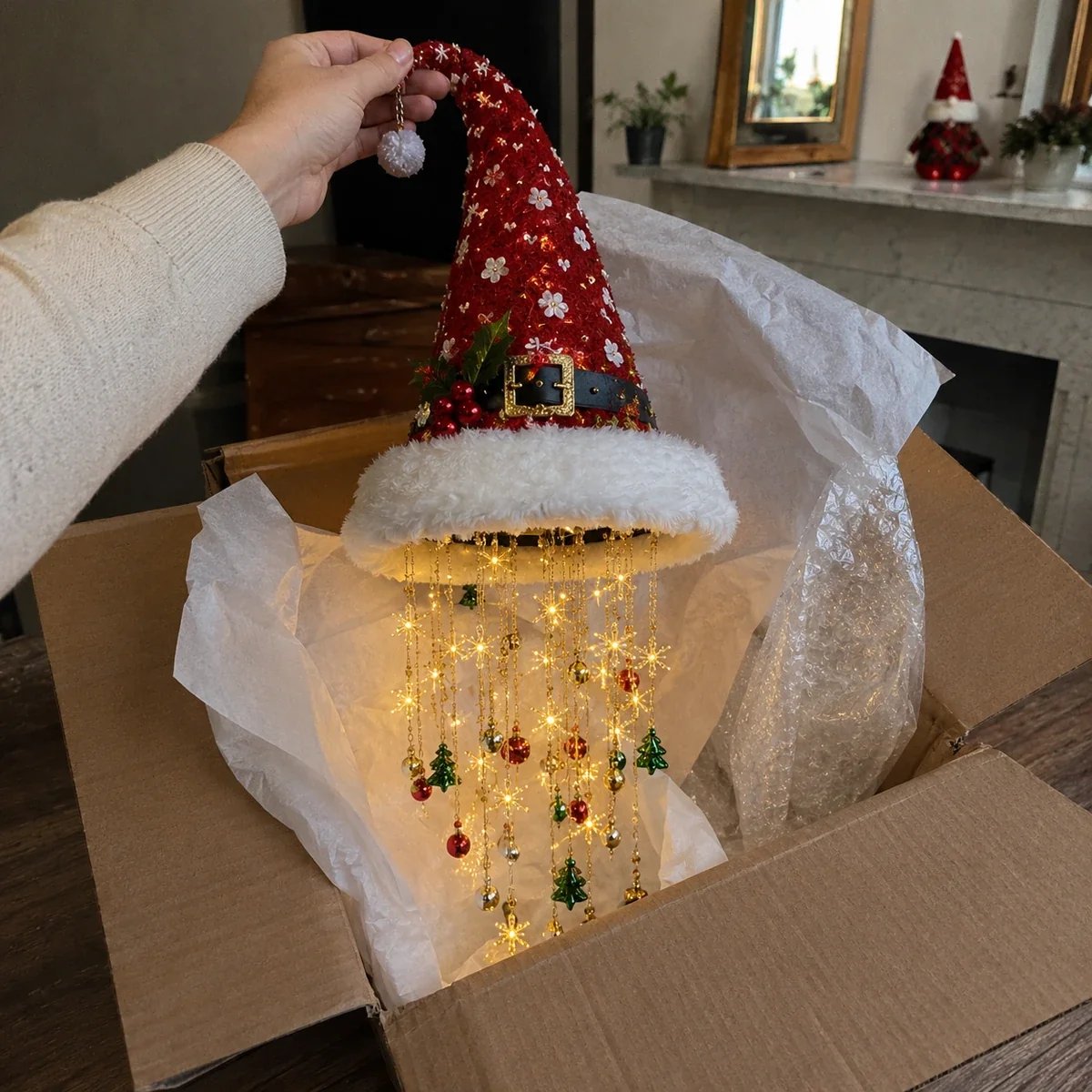 Unboxing a Santa hat chandelier