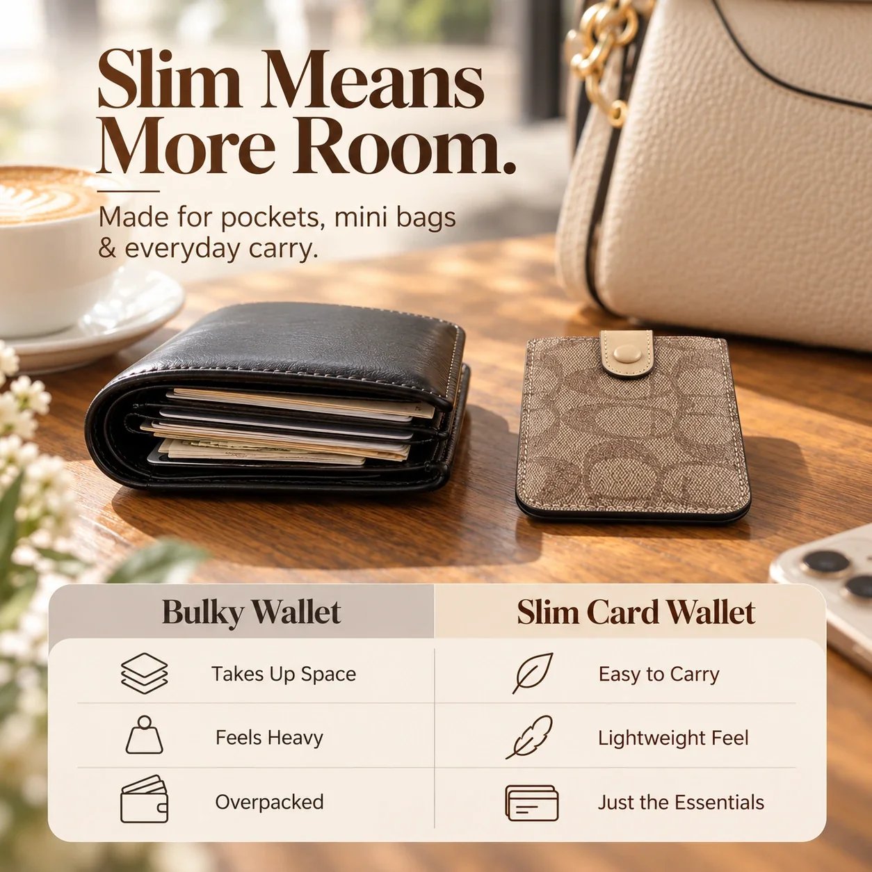 Slim card wallet compared with a bulky traditional wallet