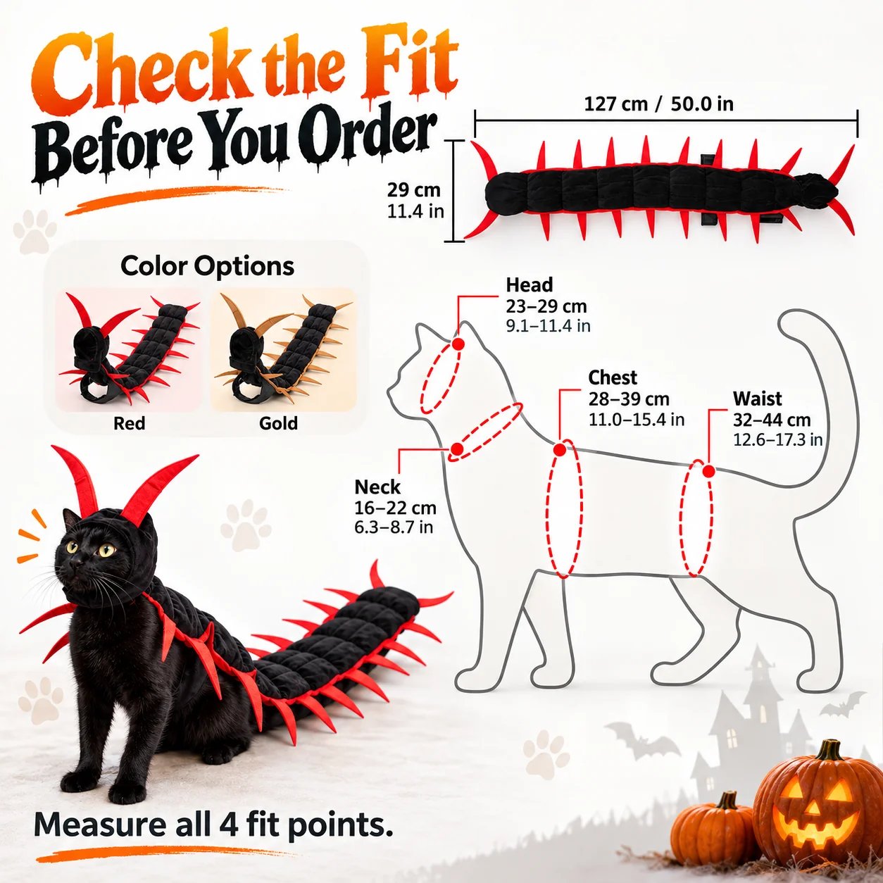 Size chart and body dimensions for centipede pet costume