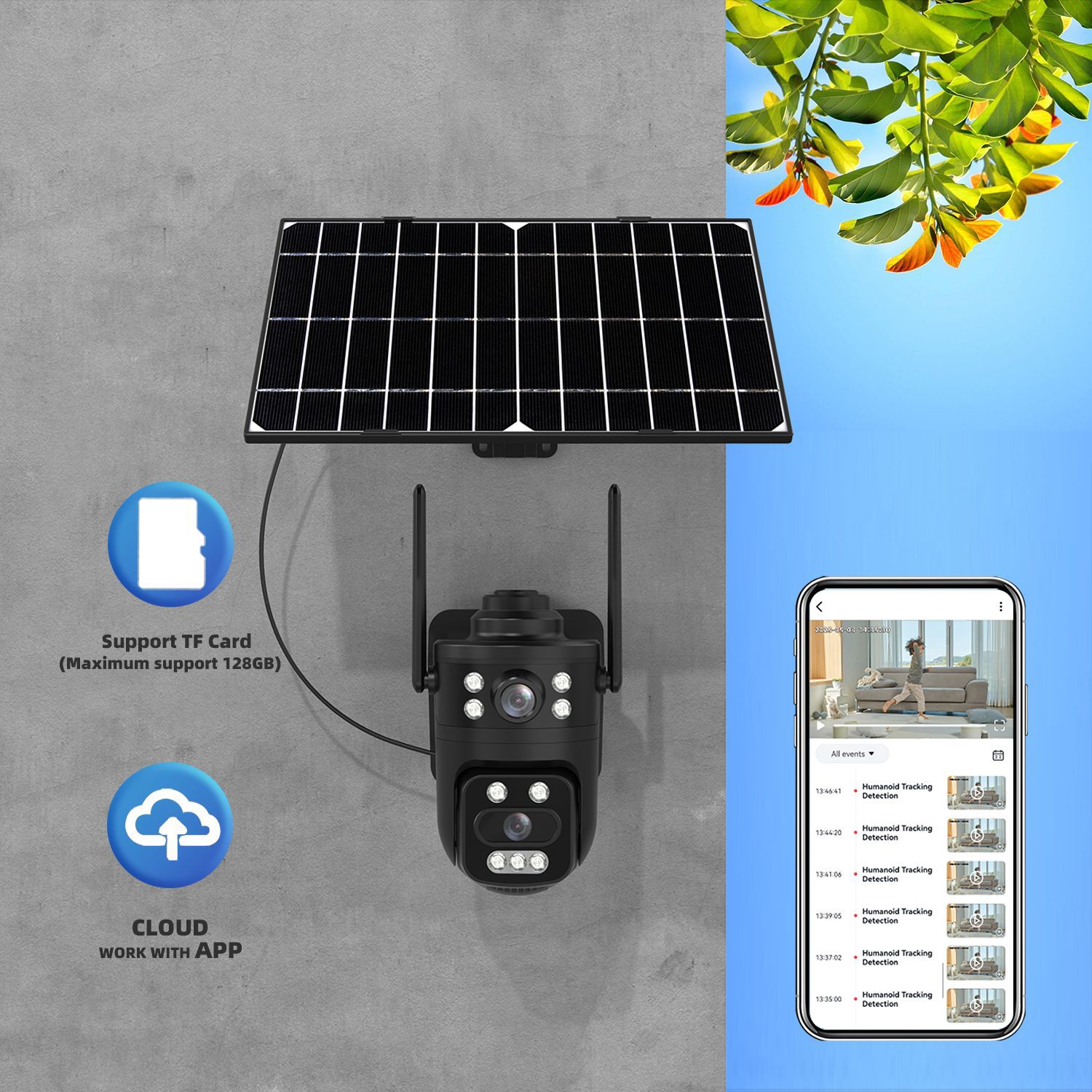 Solar security camera with TF card and mobile app access
